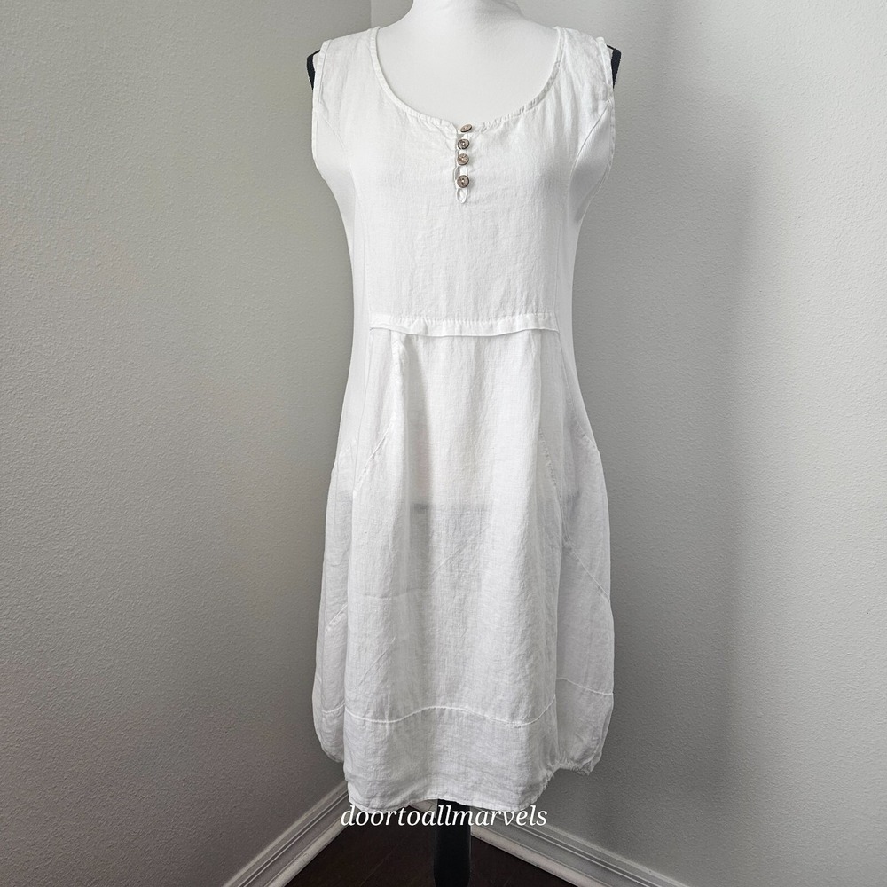 Ambra Italy White Linen Dress Sleeveless Light Airy sz L Boho Coastal Resort